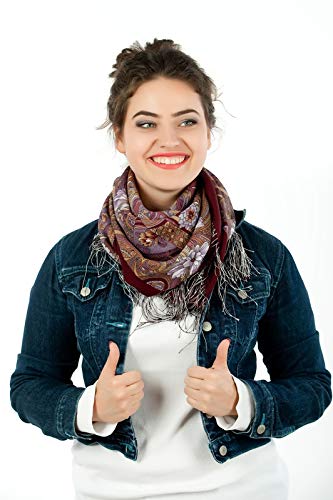 Precioso auténtico ruso Pavlovo Posad bufanda chal vintage folk 100% lana con flecos de seda, tamaño 89 cm x 89 cm