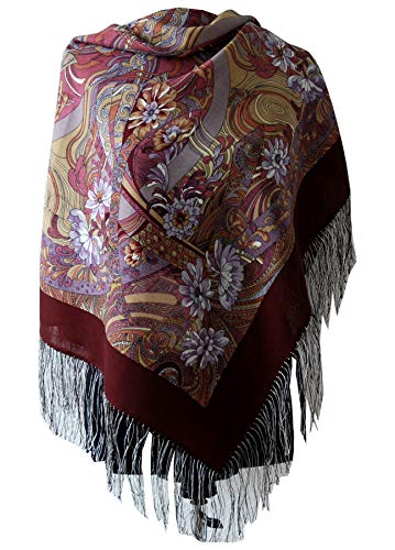 Precioso auténtico ruso Pavlovo Posad bufanda chal vintage folk 100% lana con flecos de seda, tamaño 89 cm x 89 cm