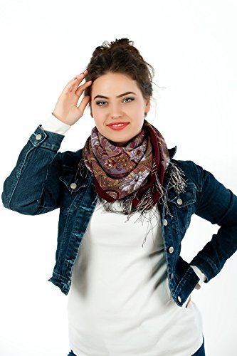 Precioso auténtico ruso Pavlovo Posad bufanda chal vintage folk 100% lana con flecos de seda, tamaño 89 cm x 89 cm