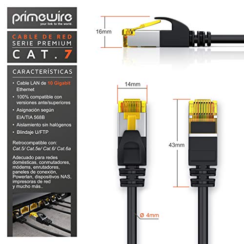 Primewire - 15 m - Cable de Red Cat 7 Slim - Gigabit Ethernet LAN - 10000 Mbit s - Blindado S FTP PIMF - Conector RJ45 - para Switch Router Modem PS5 Xbox Series X - Compatible Cat 6 Cat 8 - Negro