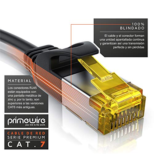 Primewire - 15 m - Cable de Red Cat 7 Slim - Gigabit Ethernet LAN - 10000 Mbit s - Blindado S FTP PIMF - Conector RJ45 - para Switch Router Modem PS5 Xbox Series X - Compatible Cat 6 Cat 8 - Negro