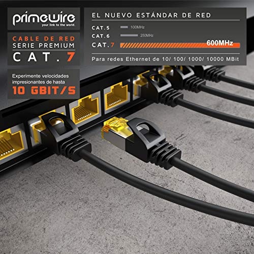 Primewire - 15 m - Cable de Red Cat 7 Slim - Gigabit Ethernet LAN - 10000 Mbit s - Blindado S FTP PIMF - Conector RJ45 - para Switch Router Modem PS5 Xbox Series X - Compatible Cat 6 Cat 8 - Negro