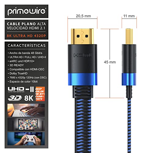 Primewire – 2m - Cable Premium 8K HDMI 2.1 - Plano - 2K 4K 8K - Alta Velocidad - UHD II - 3D TV - eARC - HDR 10+ - 8K a 120Hz con DSC - HDTV 7680 x 4320 – Compatible BLU Ray PS4 PS5 Xbox Series S X