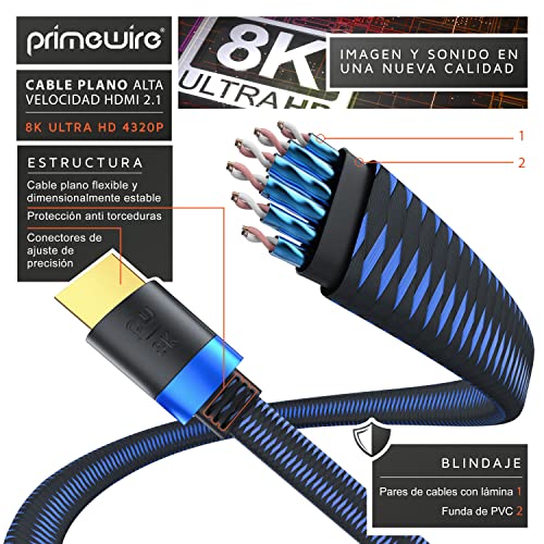 Primewire – 2m - Cable Premium 8K HDMI 2.1 - Plano - 2K 4K 8K - Alta Velocidad - UHD II - 3D TV - eARC - HDR 10+ - 8K a 120Hz con DSC - HDTV 7680 x 4320 – Compatible BLU Ray PS4 PS5 Xbox Series S X