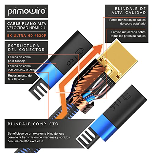 Primewire – 2m - Cable Premium 8K HDMI 2.1 - Plano - 2K 4K 8K - Alta Velocidad - UHD II - 3D TV - eARC - HDR 10+ - 8K a 120Hz con DSC - HDTV 7680 x 4320 – Compatible BLU Ray PS4 PS5 Xbox Series S X