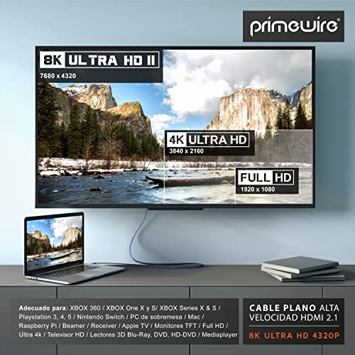 Primewire – 2m - Cable Premium 8K HDMI 2.1 - Plano - 2K 4K 8K - Alta Velocidad - UHD II - 3D TV - eARC - HDR 10+ - 8K a 120Hz con DSC - HDTV 7680 x 4320 – Compatible BLU Ray PS4 PS5 Xbox Series S X