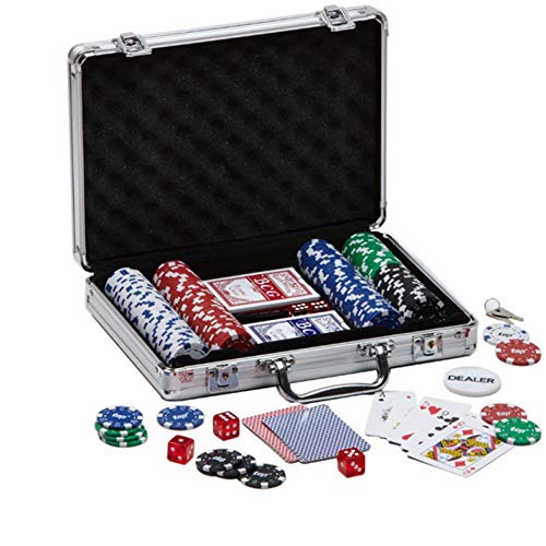 PROMO SHOP Maletin Poker con 200 Fichas de Poker de 5 valores Distintos, 5 Dados, Distribuidor de Fichas y 2 Barajas · Poker Set Profesional con Maletin de Poker de Aluminio Resistente