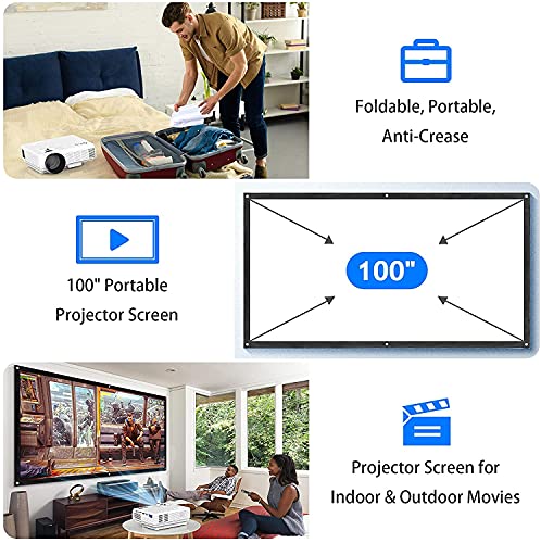 Proyector HI-04 con Pantalla de Proyección, Proyector Video 7000 Lúmenes Soporta 1080P Full HD, Mini Proyector Compatible con TV Stick HDMI VGA USB TF AV, para Cine en Casa y Películas al Aire Libre.