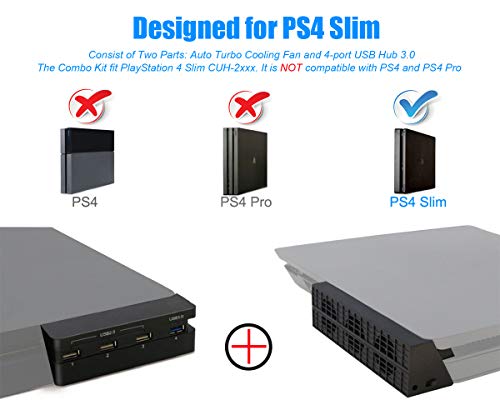 PS4 Slim Ventilador de refrigeración & 4-Port USB Hub Combo Kit - Ventiladores de Control De La Temperatura del Súper USB Cooling Fan Cooler Adaptador USB3.0 para Sony Playstation 4 Slim