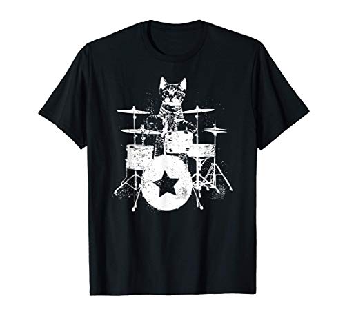 Punk Rockstar Kitten Kitty Cat Drummer Playing Drums Graphic Camiseta