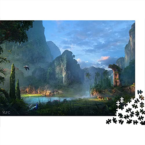 Puzzle 1000 Piezas pájaro acantilado león Naturaleza río Pavo Real fantasía Paisaje Rompecabezas de Madera 52x38 cm Rompecabezas Juvenil decoración del hogar