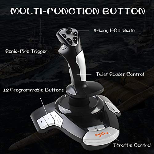 PXN F16 Joystick de Vuelo USB , Controlador de Joystick de Simulador de Vuelo con Función de Vibración y Control del Acelerador, 12 teclas Programables, para PC con Windows