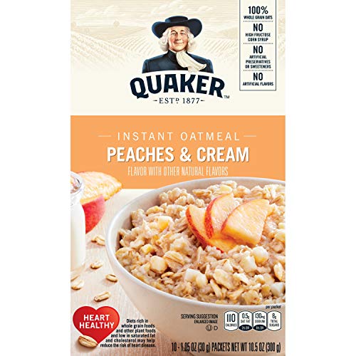 Quaker Instant Oatmeal, Peaches & Cream, Breakfast Cereal, 10 (1.23 Oz) Packets Per Box (Pack of 4)