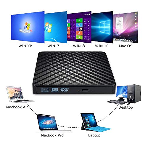 QueenDer Grabadora DVD/CD Lector Unidad DVD Externa USB 3.0 Reproductor CD/DVD ROM RW y Portatil PC Lector Optico Externo Compatible con Windows10/8/8.1/7/XP/Mac os con PC/Notebook-Negro