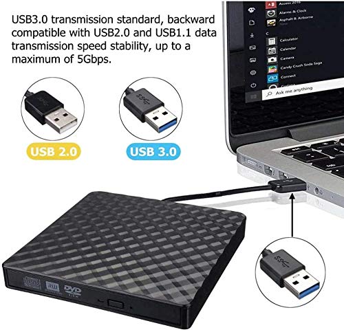 QueenDer Grabadora DVD/CD Lector Unidad DVD Externa USB 3.0 Reproductor CD/DVD ROM RW y Portatil PC Lector Optico Externo Compatible con Windows10/8/8.1/7/XP/Mac os con PC/Notebook-Negro
