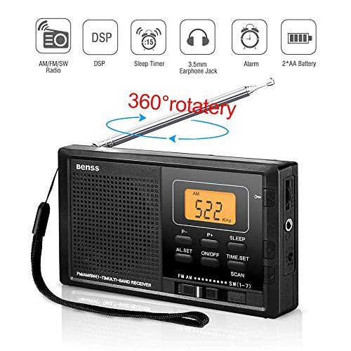 Radio Portatil Pequeña Digital Radio de Bolsillo FM Am SW DSP Transistor Bateria Radio con Altavoz de Sonido Reloj Despertador y Temporizador