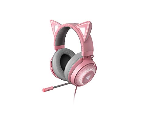 Razer Kraken Kitty - Auriculares para juegos, tipo oreja de gato con iluminación cromática RGB, micrófono con reducción activa de ruido, audio espacial THX, controles en el auricular, Rosa (Quartz)