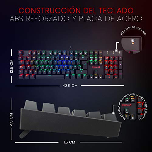 Redragon K551RGB MITRA Teclado Mecánico Gaming, RGB, Reforzado, interruptores azules, Distribución Española - Color Negro - PC Windows compatible
