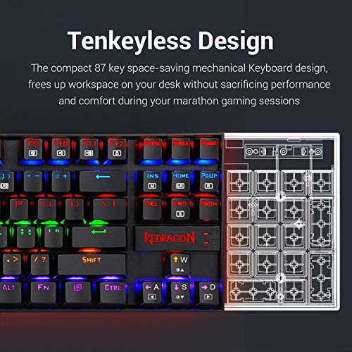 Redragon K552 Mechanical Gaming Keyboard 87 Keys 60% Small TKL Mechanical Computer Keyboard KUMARA USB Wired Cherry MX Blue Equivalent Switches for Windows PC Gamers (Black Red LED Backlit)