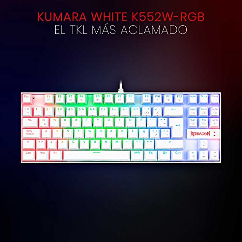 Redragon K552RGB Kumara White - Teclado Gaming Mecánico - Tenkeyless - Interruptores Rojos - Reforzado - Retroiluminado RGB - Distribución Española - Color Blanco- PC Windows Compatible