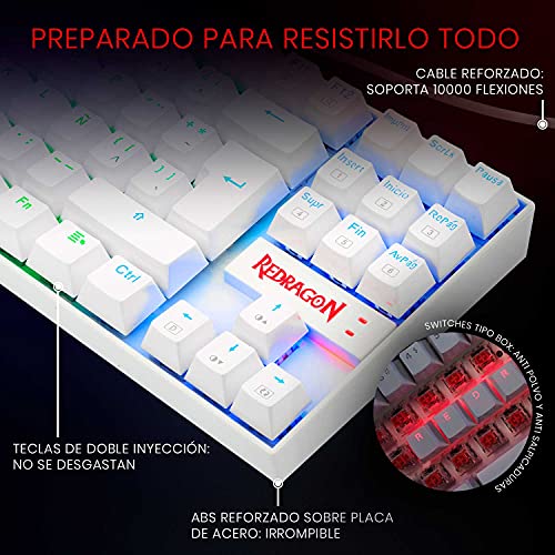 Redragon K552RGB Kumara White - Teclado Gaming Mecánico - Tenkeyless - Interruptores Rojos - Reforzado - Retroiluminado RGB - Distribución Española - Color Blanco- PC Windows Compatible