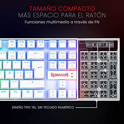 Redragon K552RGB Kumara White - Teclado Gaming Mecánico - Tenkeyless - Interruptores Rojos - Reforzado - Retroiluminado RGB - Distribución Española - Color Blanco- PC Windows Compatible