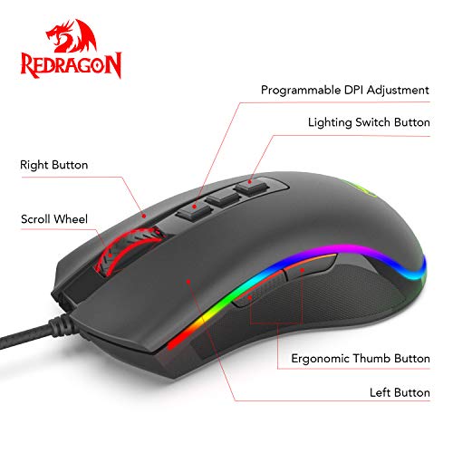 Redragon M711 COBRA Raton Gaming RGB Windows, Sensor Pixart P3325 10,000 DPI, 8 Botones Programables, Memoria integrada, Interruptores 20 Millones clics, Cable mallado. Raton Gamer PC Compatible