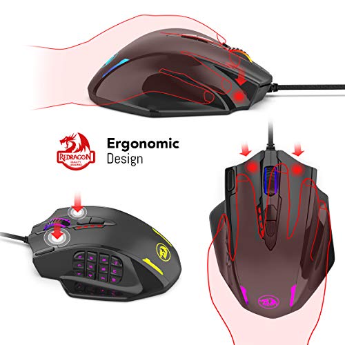 Redragon M908 Impact RGB - Raton Gaming para juegos MMO - Botones laterales - Sensor óptico con 12,400 DPI, Ratón para Windows de alta precisión, 19 botones programables