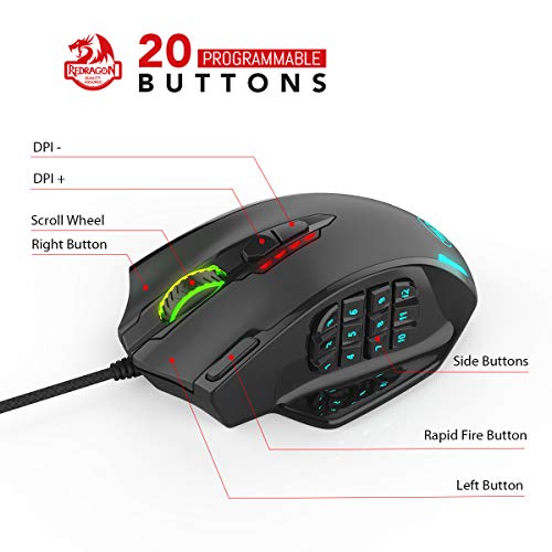 Redragon M908 Impact RGB - Raton Gaming para juegos MMO - Botones laterales - Sensor óptico con 12,400 DPI, Ratón para Windows de alta precisión, 19 botones programables