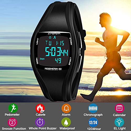 Reloj Digital Hombre Deportivos Numeros Grandes Negro con Podómetro, calendario, Alarma y luz LED para edad 12- edad 45