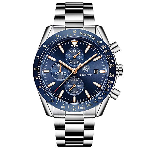 Reloje de Hombre BENYAR cronógrafo para Hombre Movimiento de Cuarzo Fashion Business Sports Watch 30M Impermeable Regalo Elegante