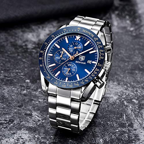 Reloje de Hombre BENYAR cronógrafo para Hombre Movimiento de Cuarzo Fashion Business Sports Watch 30M Impermeable Regalo Elegante