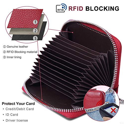 RFID Blocking Leather Wallet for Women,Excellent Women's Genuine Leather Credit Card Holder Ladies Small Blocked Accordion Wallets with Stainless Steel Zipper Compact Accordian ID Cards Bag Wine Red