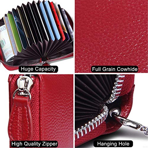 RFID Blocking Leather Wallet for Women,Excellent Women's Genuine Leather Credit Card Holder Ladies Small Blocked Accordion Wallets with Stainless Steel Zipper Compact Accordian ID Cards Bag Wine Red