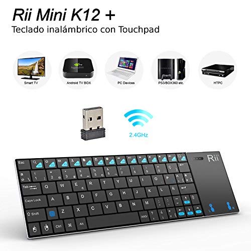 Rii K12+ Mini Teclado compacto con touchpad multitoque integrado (WiFi 2.4 GHz, USB incorporado, cubierta de Acero Inoxidable ultra-resistente) Color Negro - QWERTY Español