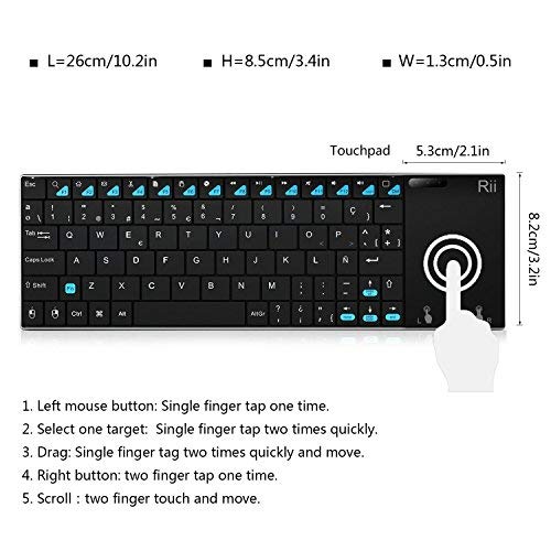 Rii K12+ Mini Teclado compacto con touchpad multitoque integrado (WiFi 2.4 GHz, USB incorporado, cubierta de Acero Inoxidable ultra-resistente) Color Negro - QWERTY Español