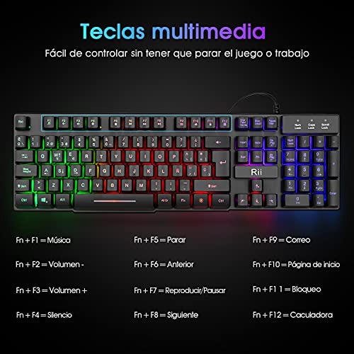 Rii RK100+ Novedoso Teclado USB Retroiluminado,Colores Rainbow y Panel metálico Resistente,Alta sensibilidad Ideal para Jugar, QWERTY con Layout Español Teclado espandido.