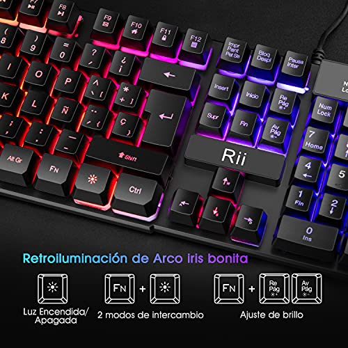 Rii RK100+ Novedoso Teclado USB Retroiluminado,Colores Rainbow y Panel metálico Resistente,Alta sensibilidad Ideal para Jugar, QWERTY con Layout Español Teclado espandido.