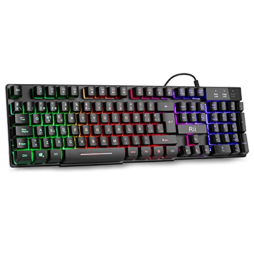 Rii RK100+ Novedoso Teclado USB Retroiluminado,Colores Rainbow y Panel metálico Resistente,Alta sensibilidad Ideal para Jugar, QWERTY con Layout Español Teclado espandido.