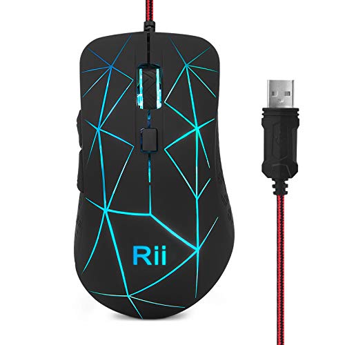 Rii RM106 Ratón Gaming 3200 dpi,ergonómico ratón óptico con Cable USB, de 6 Botones y 4 Niveles de dpi Ajustables. 7 Colores RGB LED y retroiluminación Parpadeante. Color Negro
