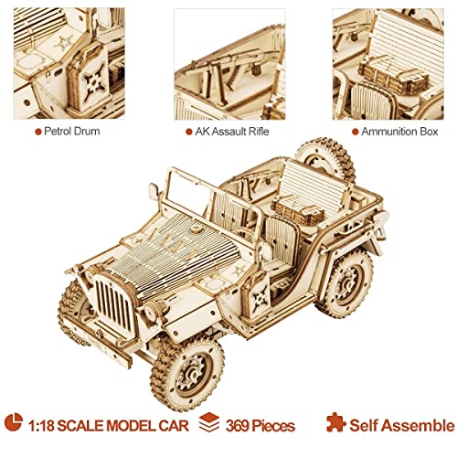 Robotime Jeep Army Cars Juguetes 3D Puzzle Model Kits Autoensamblaje Edificio de Madera Construcción mecánica Artesanía para niños, Adolescentes y Adultos