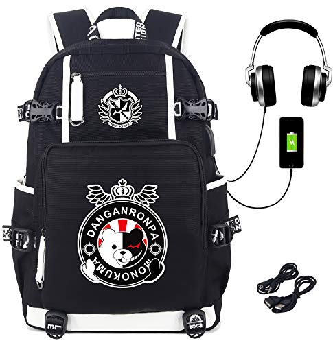 Roffatide Anime Danganronpa Monokuma Mochila Impreso Mochila Luminosa Mochila para Portátil con Puerto de Carga USB y Puerto Auriculares Negro