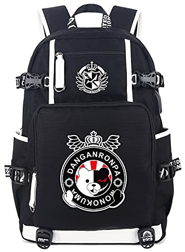 Roffatide Anime Danganronpa Monokuma Mochila Impreso Mochila Luminosa Mochila para Portátil con Puerto de Carga USB y Puerto Auriculares Negro