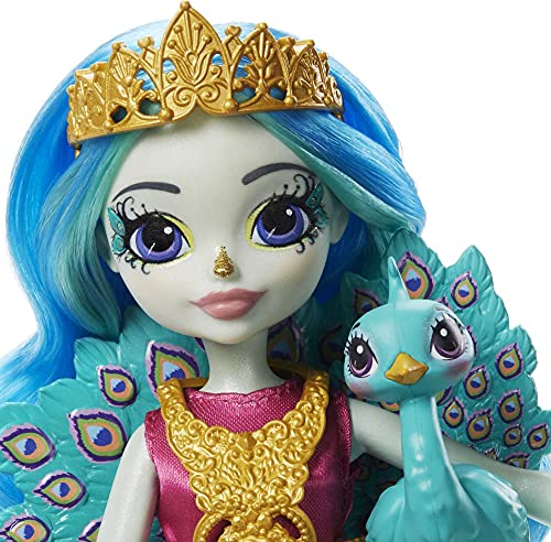 Royal Enchantimals Reina Paradise y Rainbow, muñeca pavo real con mascota de juguete (Mattel GYJ14)