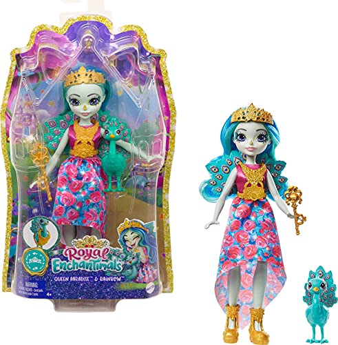 Royal Enchantimals Reina Paradise y Rainbow, muñeca pavo real con mascota de juguete (Mattel GYJ14)