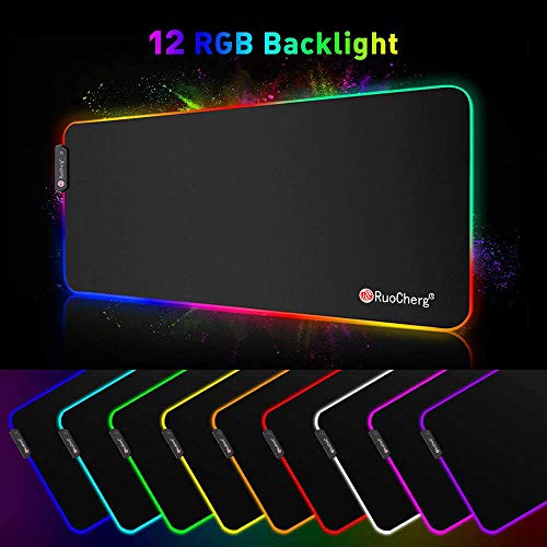 RuoCherg Alfombrilla Gaming XL, RGB Alfombrilla de Ratón para Juegos LED Grandes 12 Modos de Iluminación Superficie Impermeable Base de Goma Antideslizante para Jugadores, PC y Portátiles