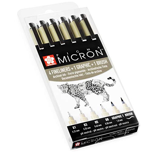 Sakura Pigma Micron - Rotuladores de punta fina de pigmento – 01/03/05/08/gráfico/pincel – cartera de 6 – tinta negra.