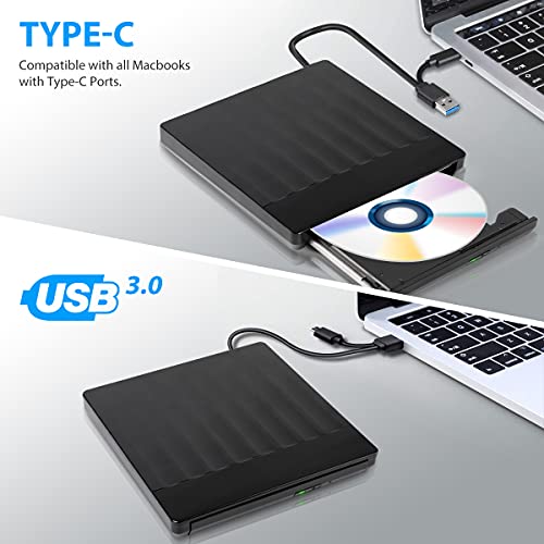 Salcar CD DVD Externo/Unidad. Unidad portátil óptica con Tipo-C y USB 3.0. Grabadora y Lector de CD. Apto para portátiles, Ordenadores de sobremesa, Mac, iOS, MacBook, Windows 10/8/7/XP, Linux