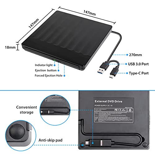 Salcar CD DVD Externo/Unidad. Unidad portátil óptica con Tipo-C y USB 3.0. Grabadora y Lector de CD. Apto para portátiles, Ordenadores de sobremesa, Mac, iOS, MacBook, Windows 10/8/7/XP, Linux