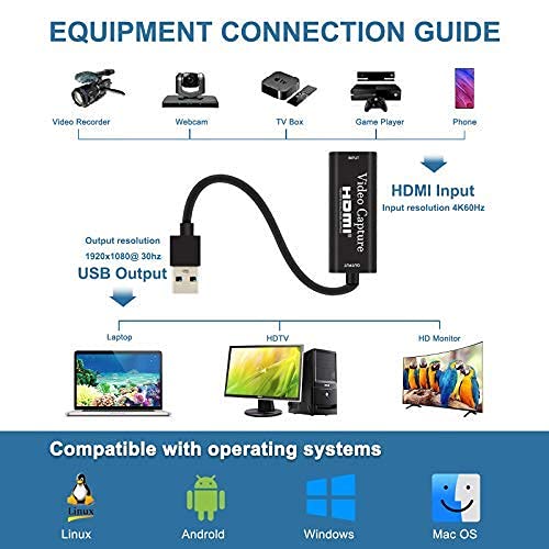 Salley Capturadora de Video HDMI, 4K HDMI a USB 3.0 Convertidor Video, Audio Capture Record a DSLR Action CAM, HDMI Vídeo Game Capture 1080P 60FPS para Edite Video/Juego/Transmisión/Enseñanza